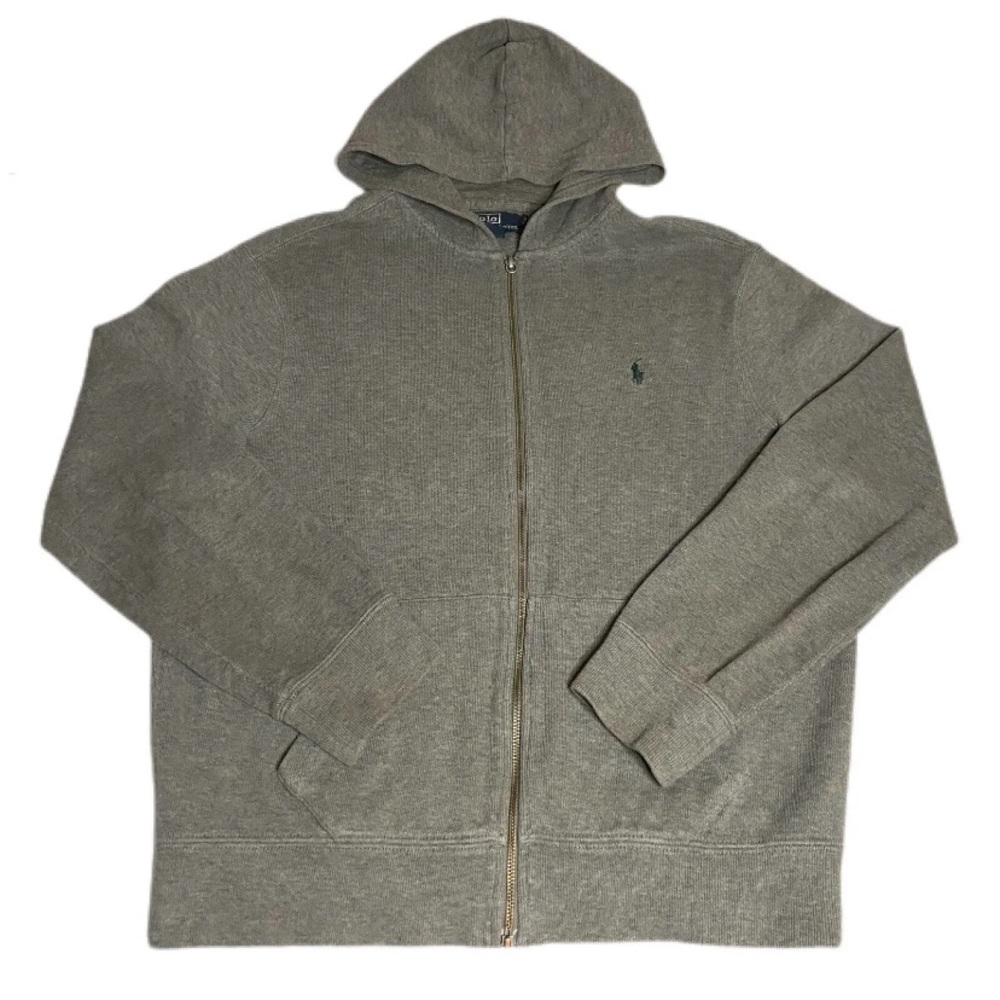 Vintage Polo Ralph Lauren Ribbed Hoodie Sweatshirt Full Zip Olive Brown Large